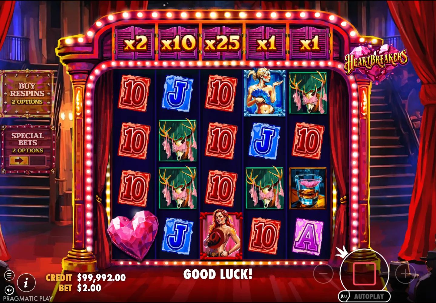 Heartbreakers multiplier row showing x2 x10 and x25 values